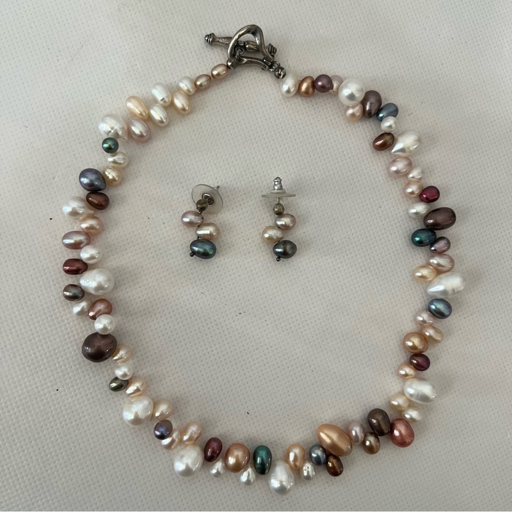 Beautiful Colorful Pearls Necklace & Earrings Set 925 Clasp